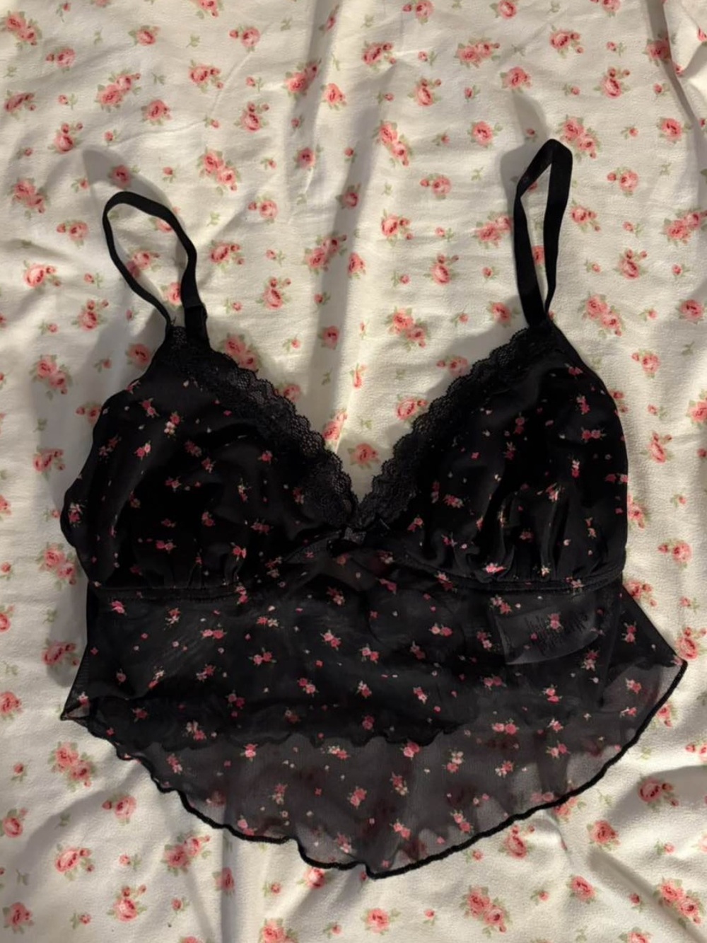 Garage Lace-Trim Sheer Floral Cami crop top in Black with floral Accents